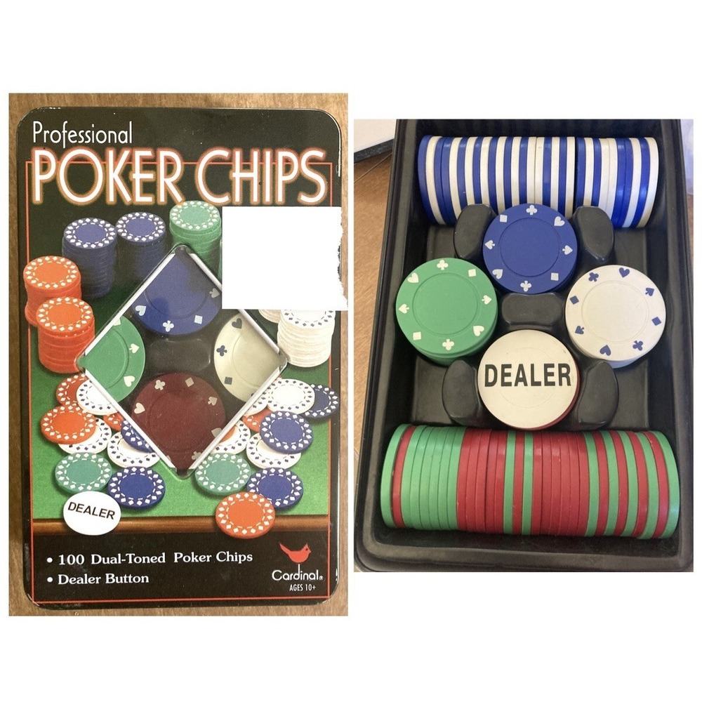 Cardinal Professional Poker Chips 100 Dual-Toned Chips & Dealer Button in Tin